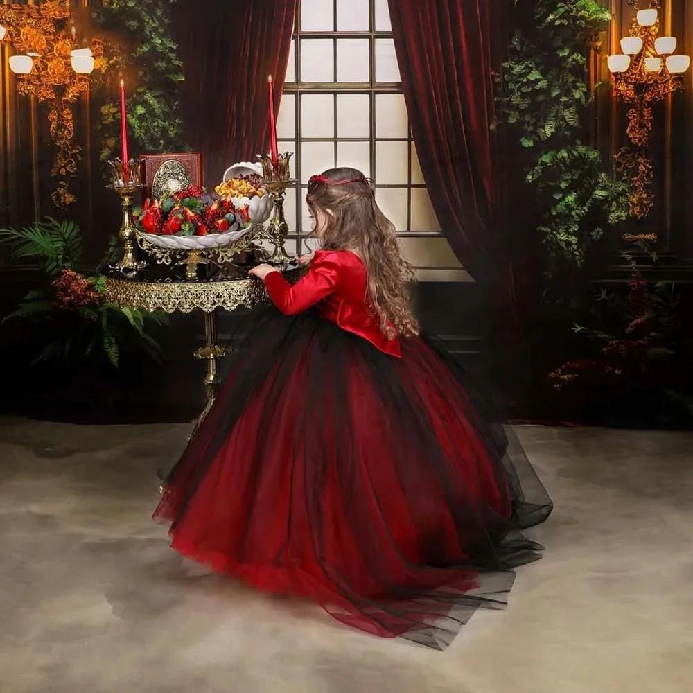 Красные платья с цветочным узором для девочек по индивидуальному заказу на свадьбу, бархатное классическое детское платье с длинными рукавами длиной до пола, банкетное платье для первого причастия