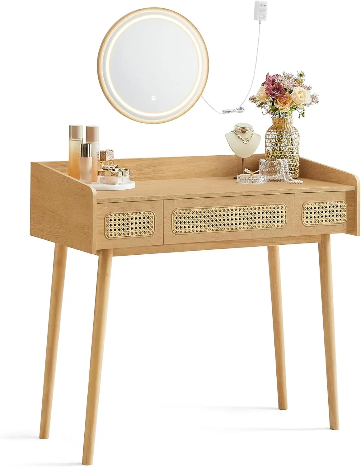 

Vanity Desk with Mirror and Lights, Boho Makeup Vanity Table with 3 Rattan-Look Drawers, Dimmable Touch Control Light
