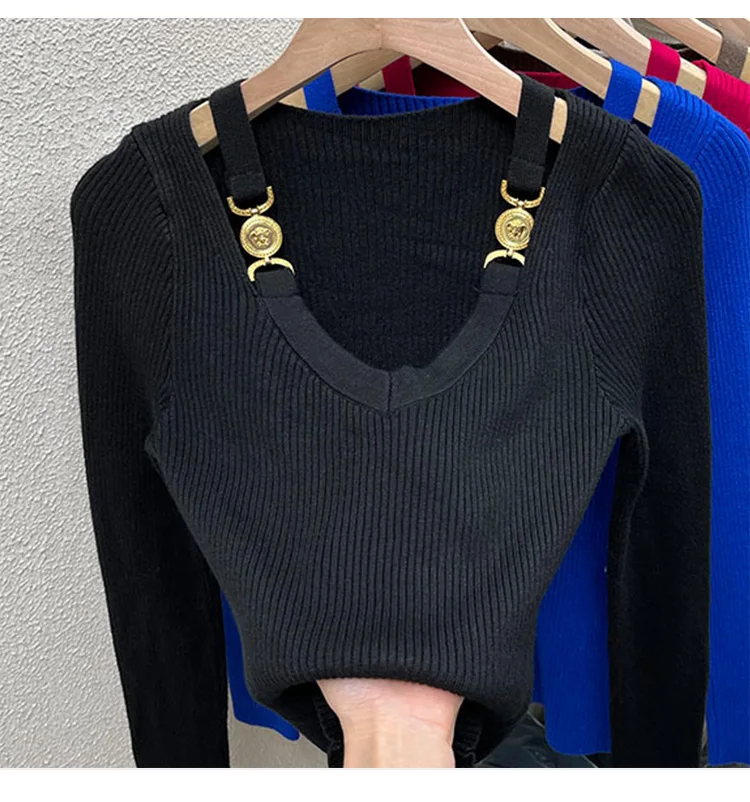 Autumn Chic Unique Low V Neck Off-the-shoulder Top Design Sense Sweater Knitted Base Shirt Women Skinny Knitted Tops