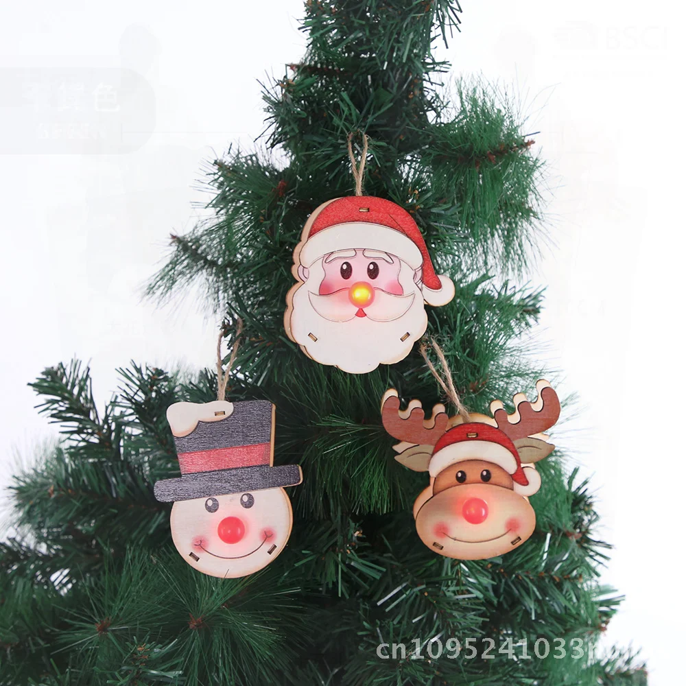 

LED Glowing Santa Claus & Snowman Christmas Tree Pendants Cute Cross-Border Holiday Decorations Wooden Hanging Ornaments