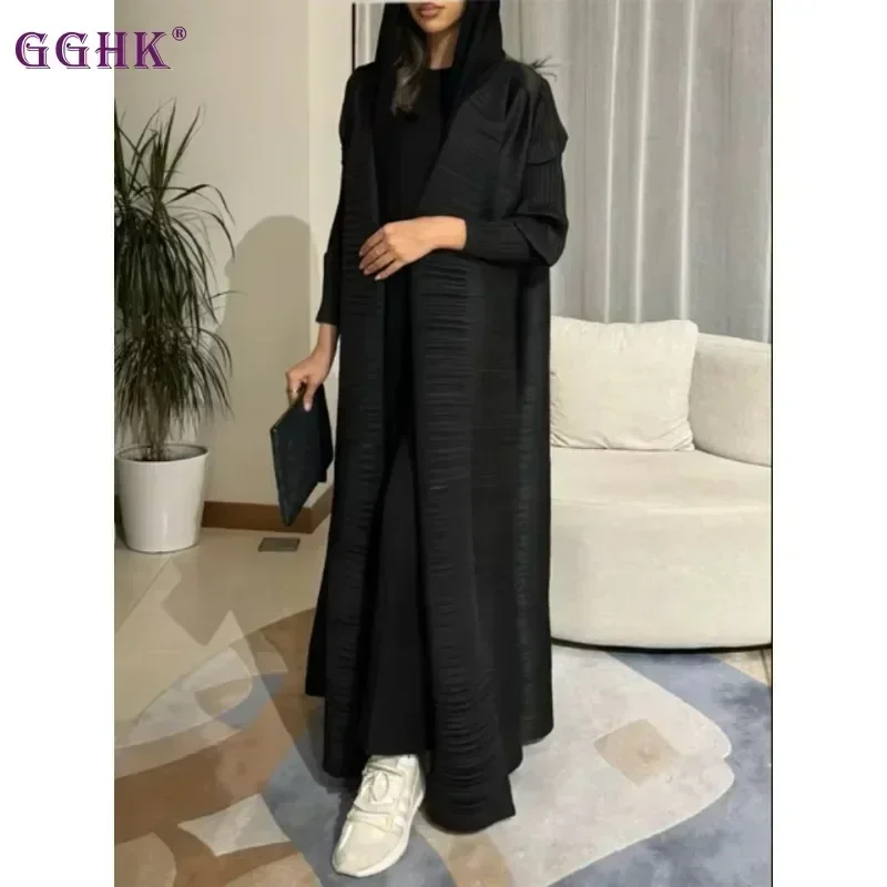 GGHK Pleated Women Luxury Trench Solid Color Lapel Long Sleeve Cardigan Vintage Design Loose Large Size Arabian Female Abaya