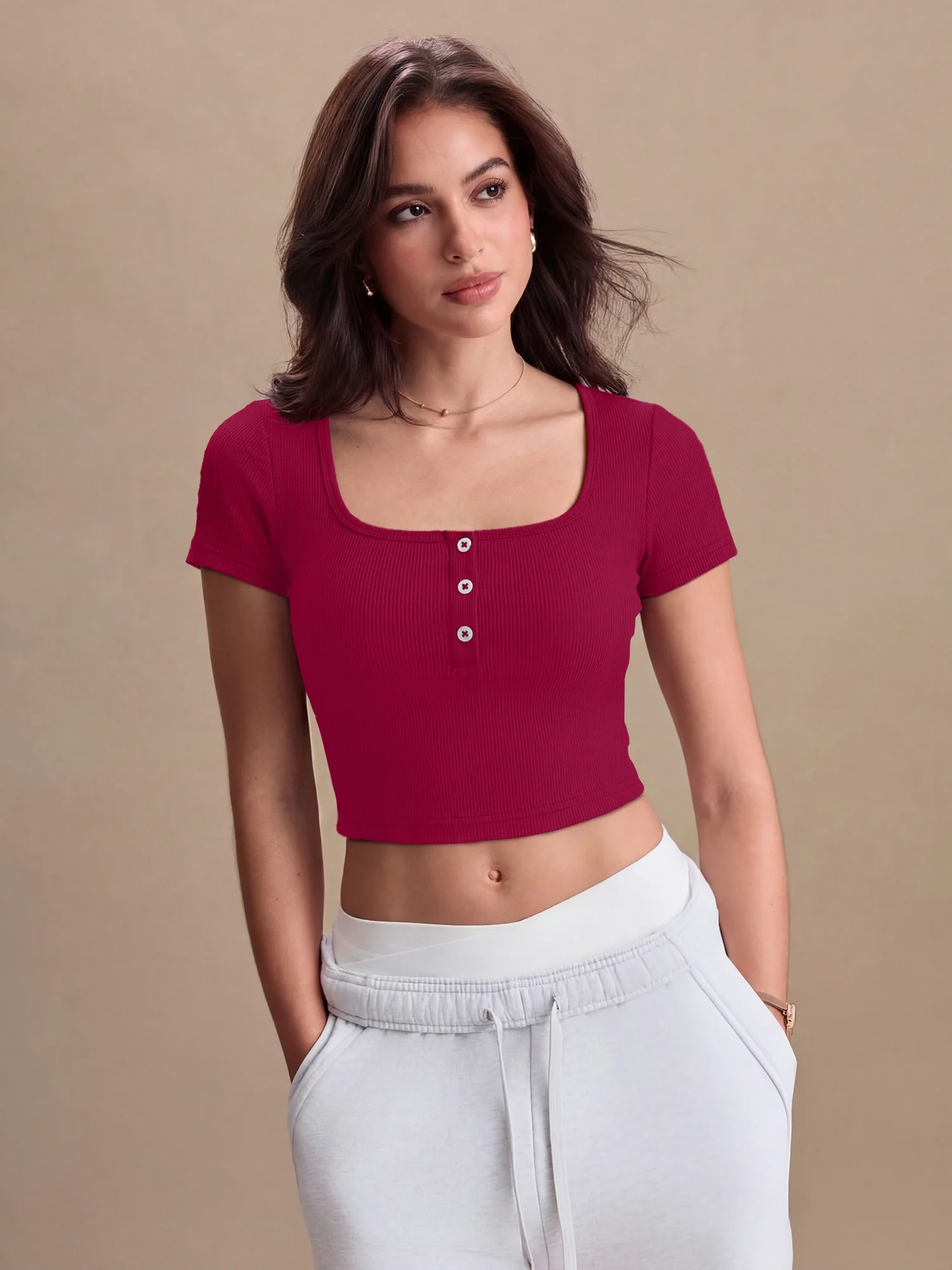 Ladies Basic Ribbed Knit Short Sleeve Crop Blouse Square Neck Button Placket Slim Fit Daily Street Party Tops