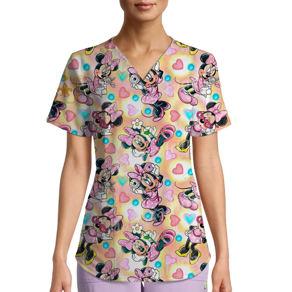 

Disney Mickey Mouse Minnie print Scrubs Top Women with Pockets V-Neck Scrub Uniforms Pet Grooming Nurse Spa Caring Shirt Uniform