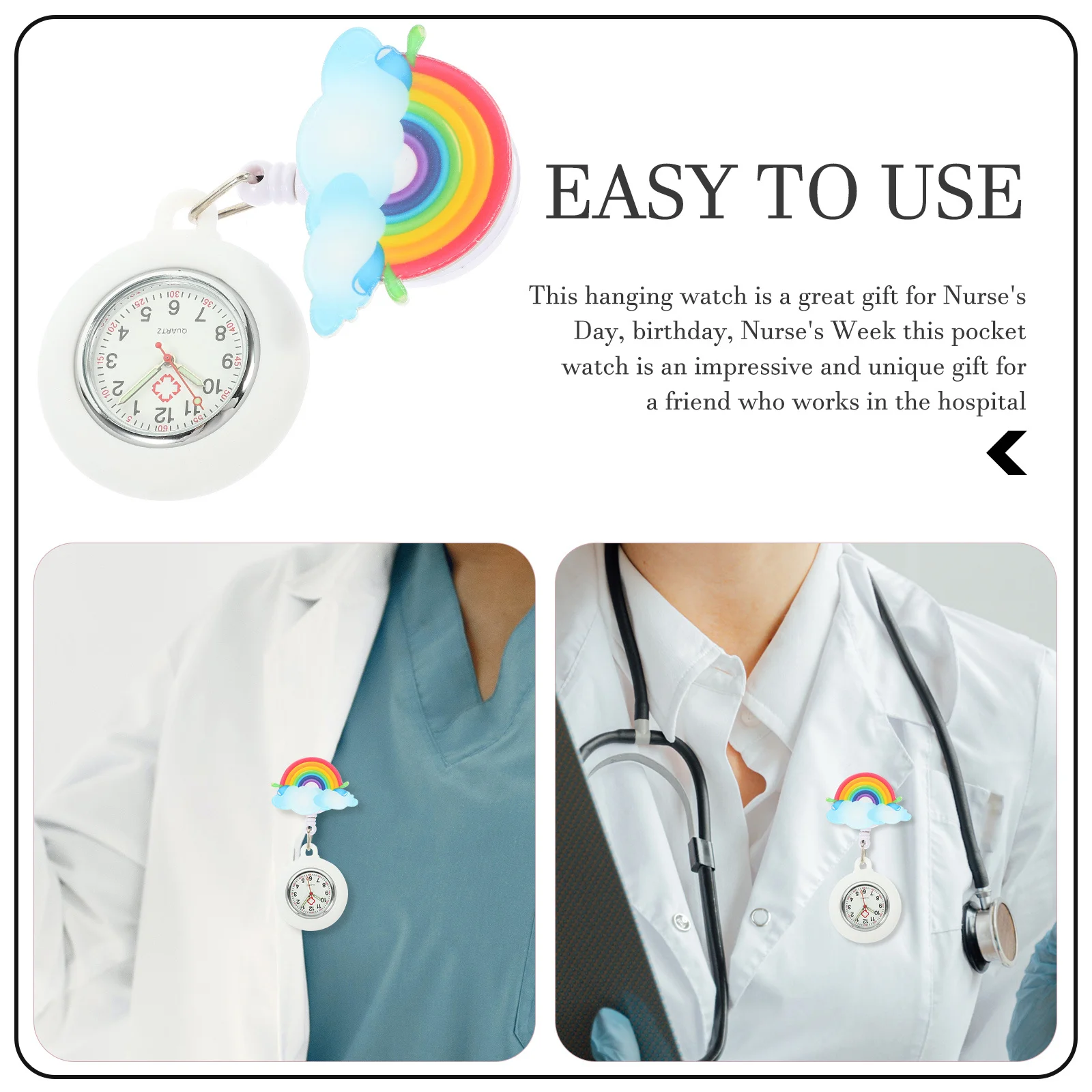 

Waterproof Rainbow Silicone Clip On Nurse Badge Lapel Watch For Women Kids Portable Retractable Quartz Gift Pocket