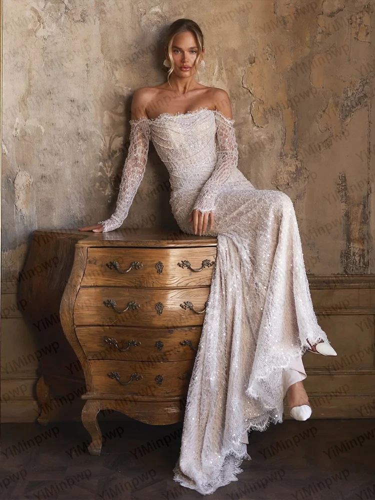 Luxury Off Shoulder Lace Wedding Dresses Long Sleeve Mermaid Bride Dress Sweep Train Beaded Beach Garden Bridal Gown Customized