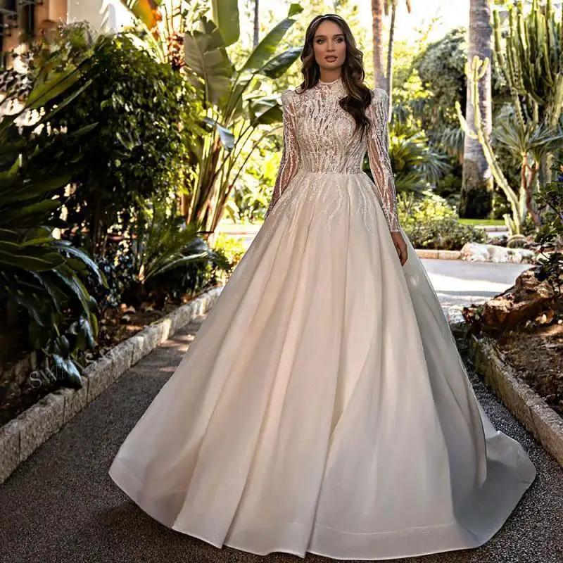 

Long Sleeve Wedding Dress 2024 Shiny Appliques Romantic A-Line Court Train Princess Vestido De Novia SwanSarah Bride Gown