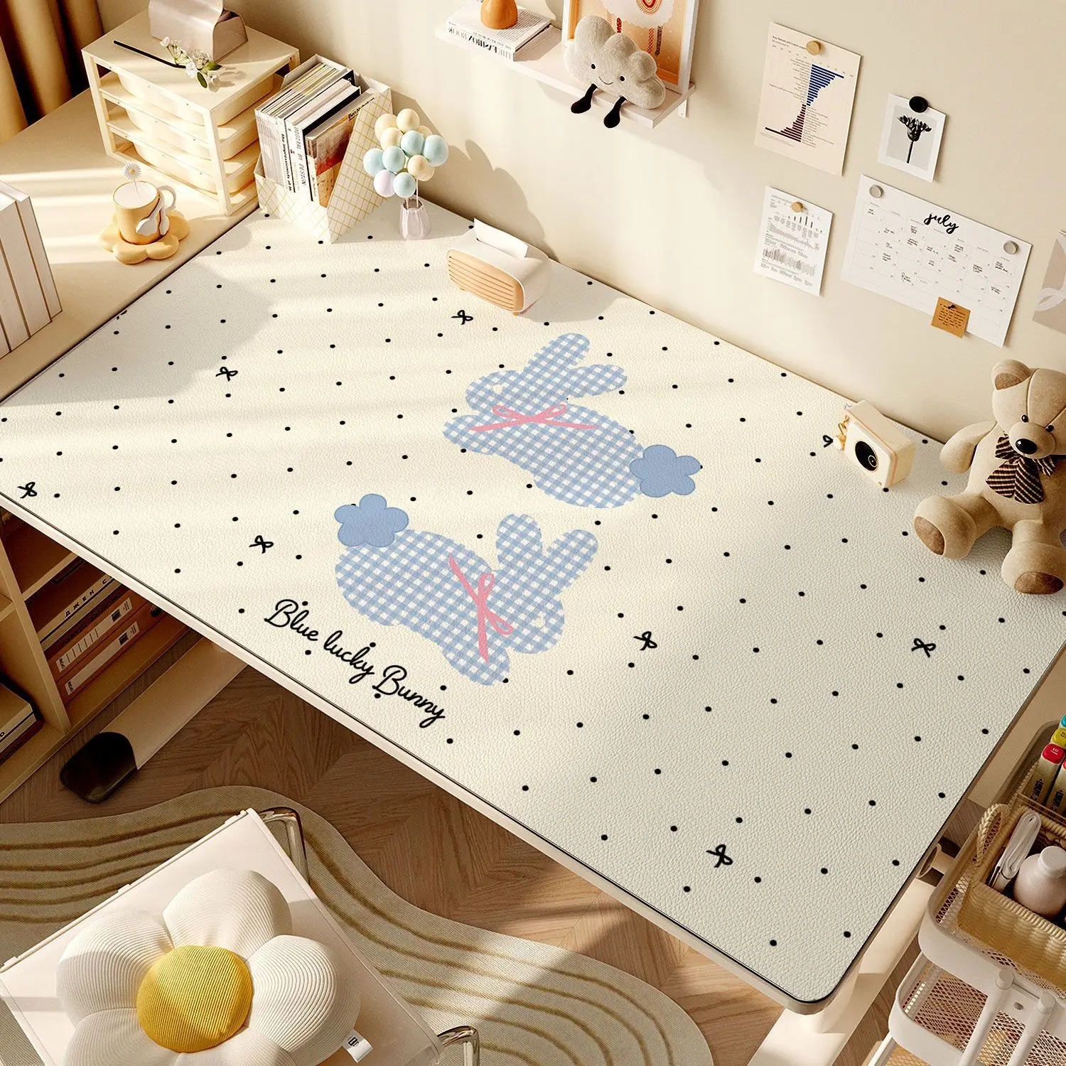 Leather Desk Pad Protector Polka Dots Rabbit Y2K Bunny Bow Mouse Pad Office Desk Mat Waterproof Oilproof PU Desk Keyboard Pad