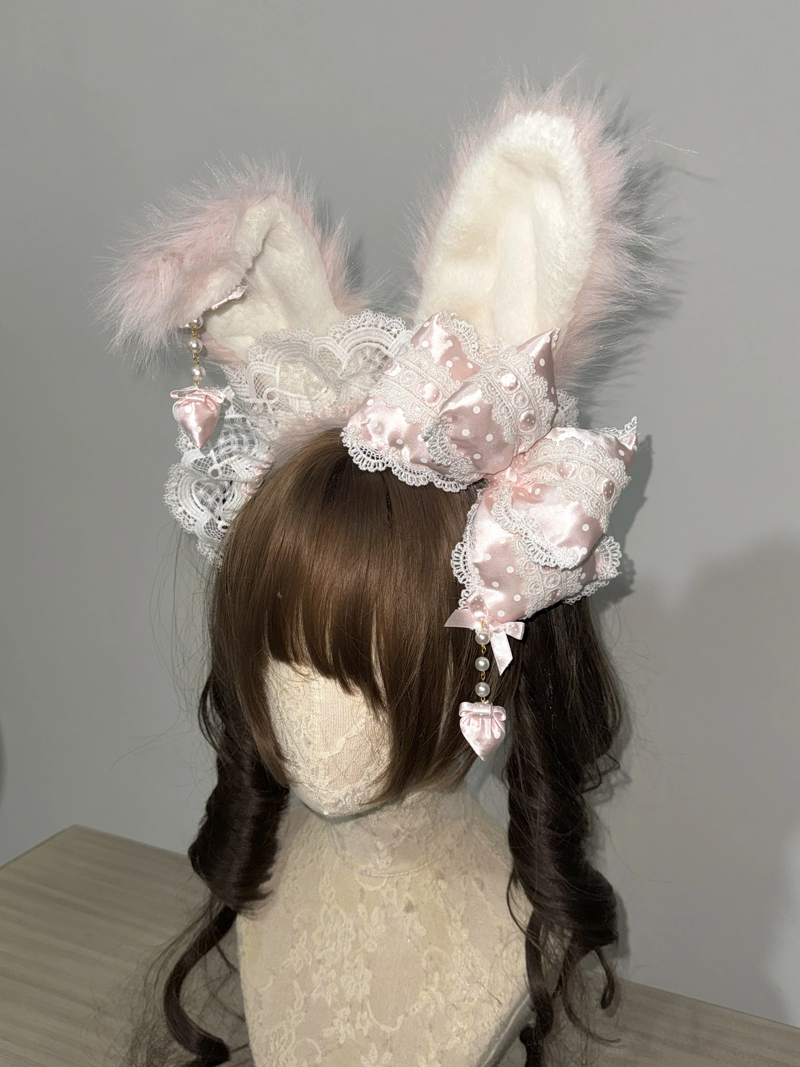 

Japanese Original Handmade Sweet Cute Lolita Rabbit Ear Filled Cotton Bow Kc Headband Soft Sister Bow Removable Hair Accessories