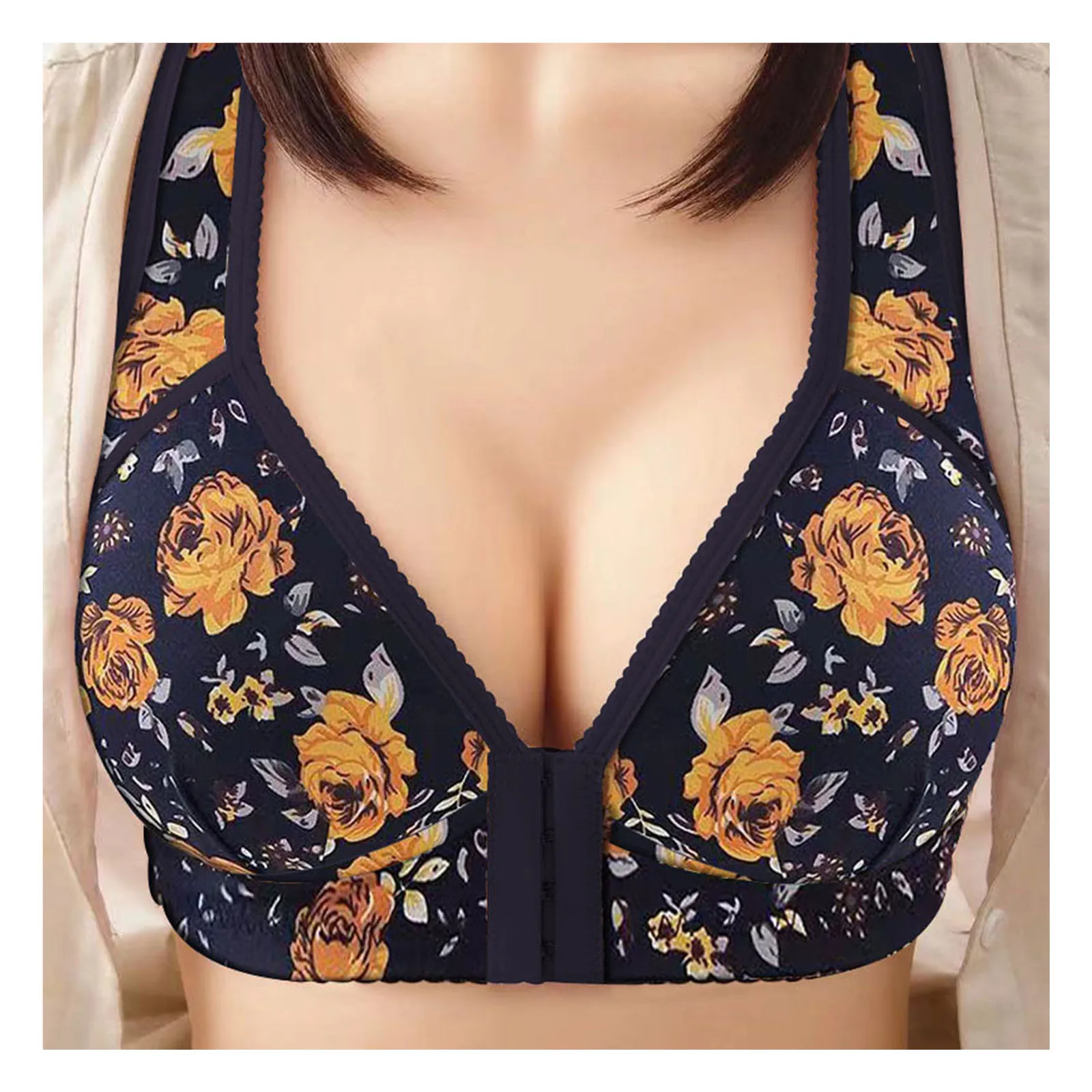 

Sexy Large Size Front Closure Underwear Fashion Flower Print Without Underwire Bralette Gathering Shockproof Running Women Bras