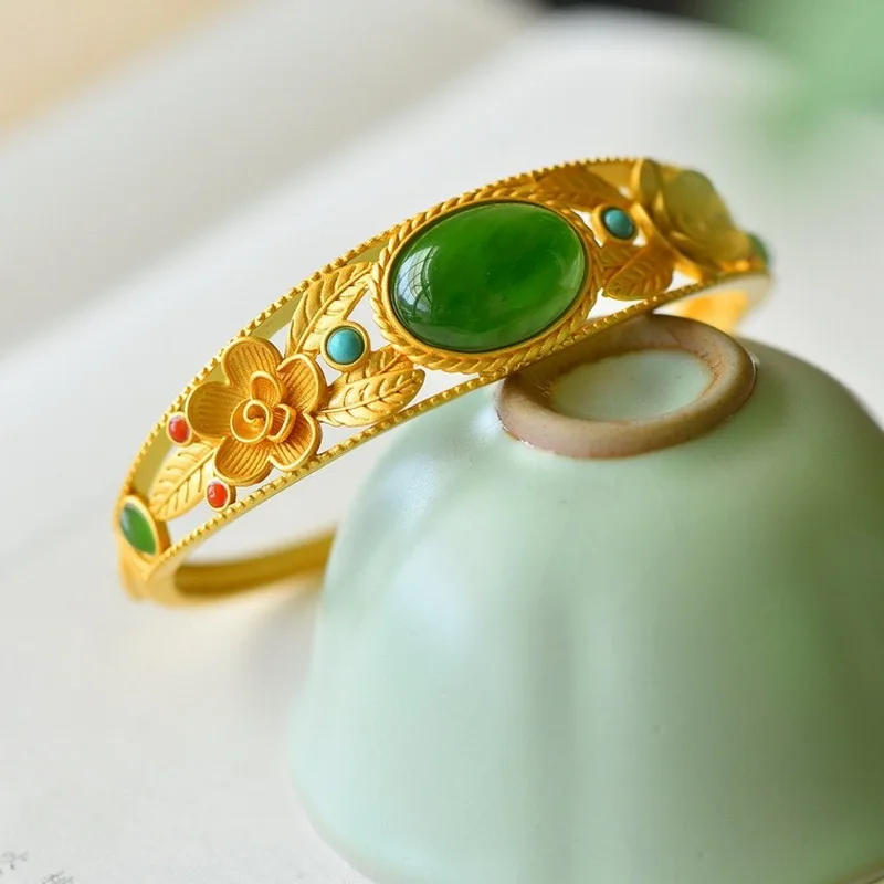 Natural Hetian jade bracelet Ancient gold craft pastoral style fashion bangles for women wedding jewelry  jade bracelet