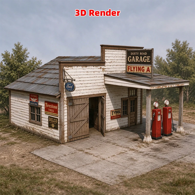 1/24/35/43/48 Maßstab Modellbausatz Miniatur-Diorama Architektonisches Gebäude Haus Unbemalt Amerikanische Vintage-Landtankstelle DIY – Detail 6