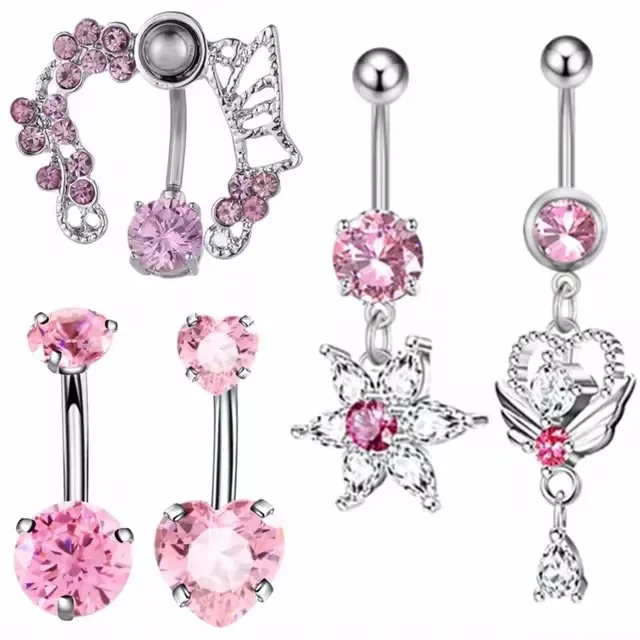 Pink Flower Belly Button Rings Set Women Blue Crystal Belly Piercing Bulk Heart Navel Barbell Jewelry Pack Piercing Ombligo Lote