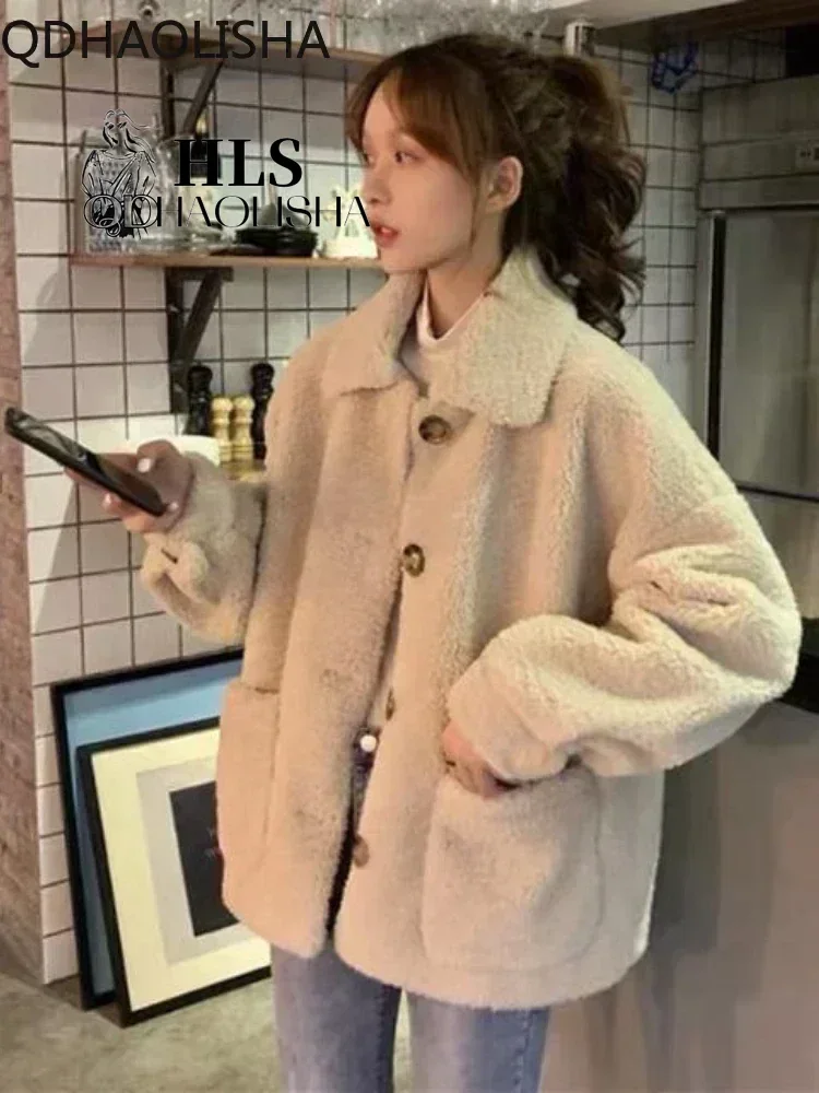 Autumn Winter Coat Retro Korean Imitation Lamb Wool Women\'s Thick Warm Cardigan Loose Furry Plush Jackets for Women Harajuku Top