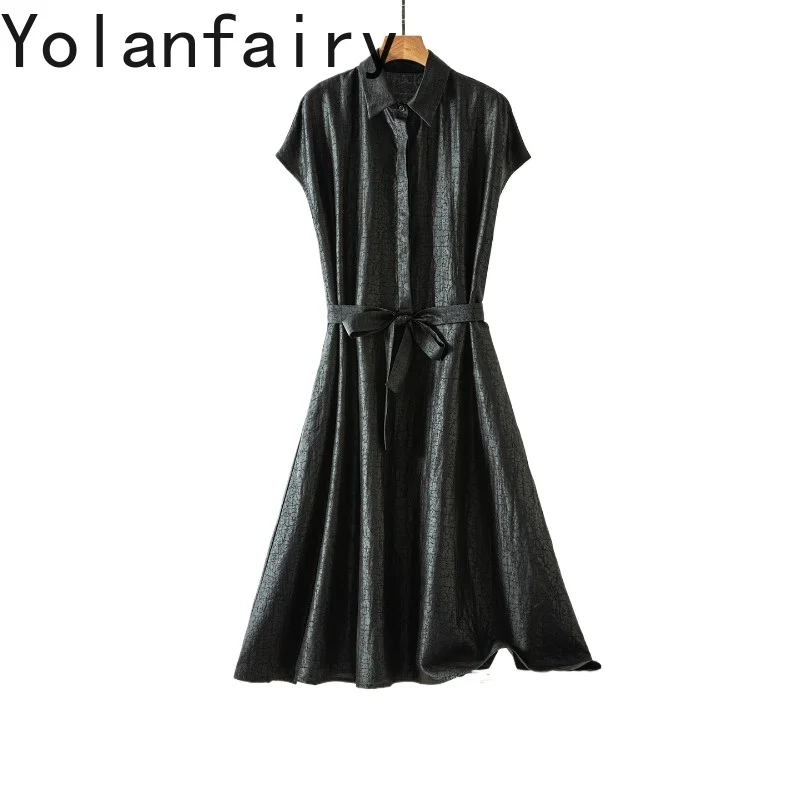 

YOLANFAIRY 100% Mulberry Silk Dress Summer 2026 Luxury Real Silk Watered Gauze Dresses for Women Short Sleeve Long Black Dress