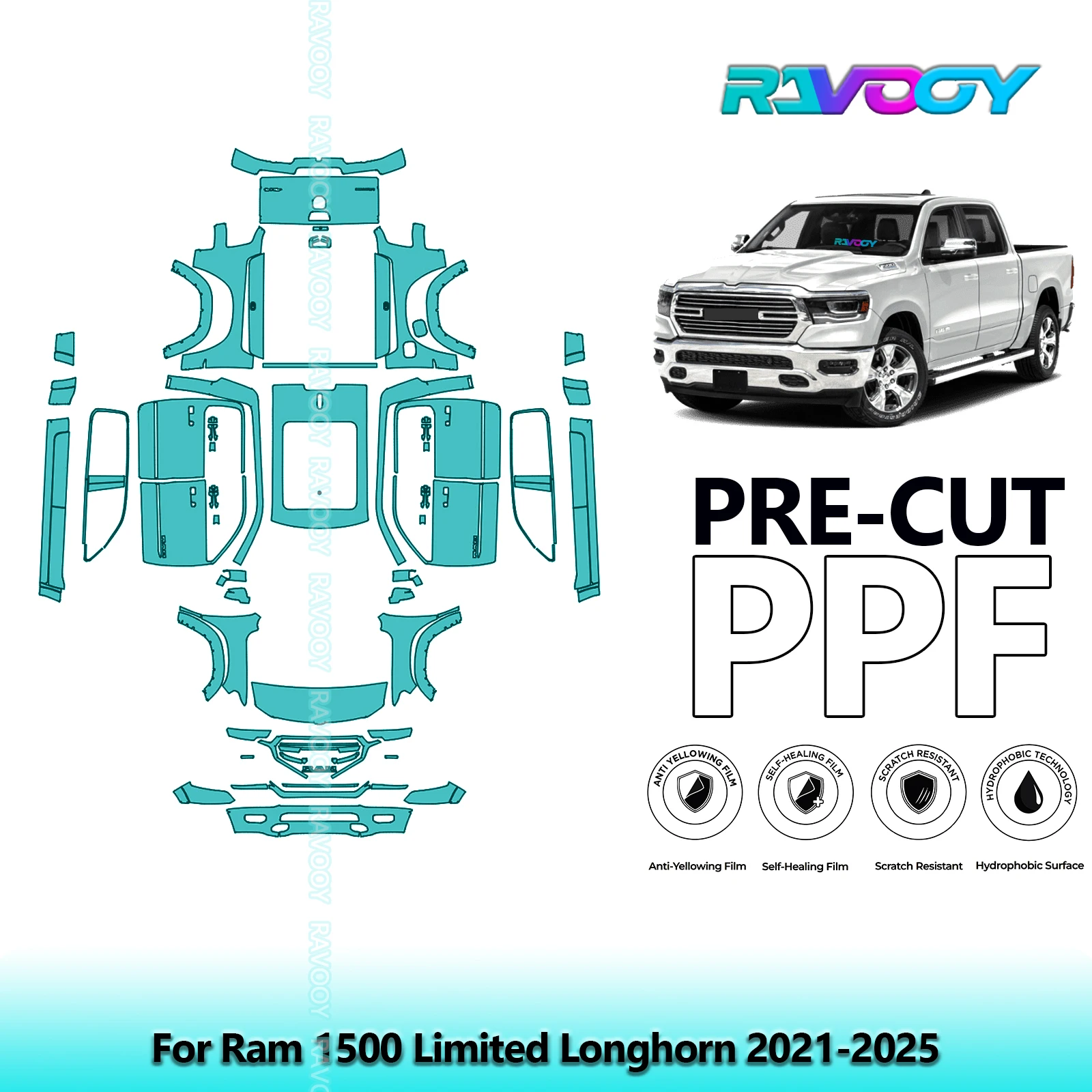 RAVOOY 8.5Mil Custom-Fit Precut TPU PPF Full Vehicle Clear Bra Stone Guard EU UK For Ram 1500 Limited Longhorn 2021-2026