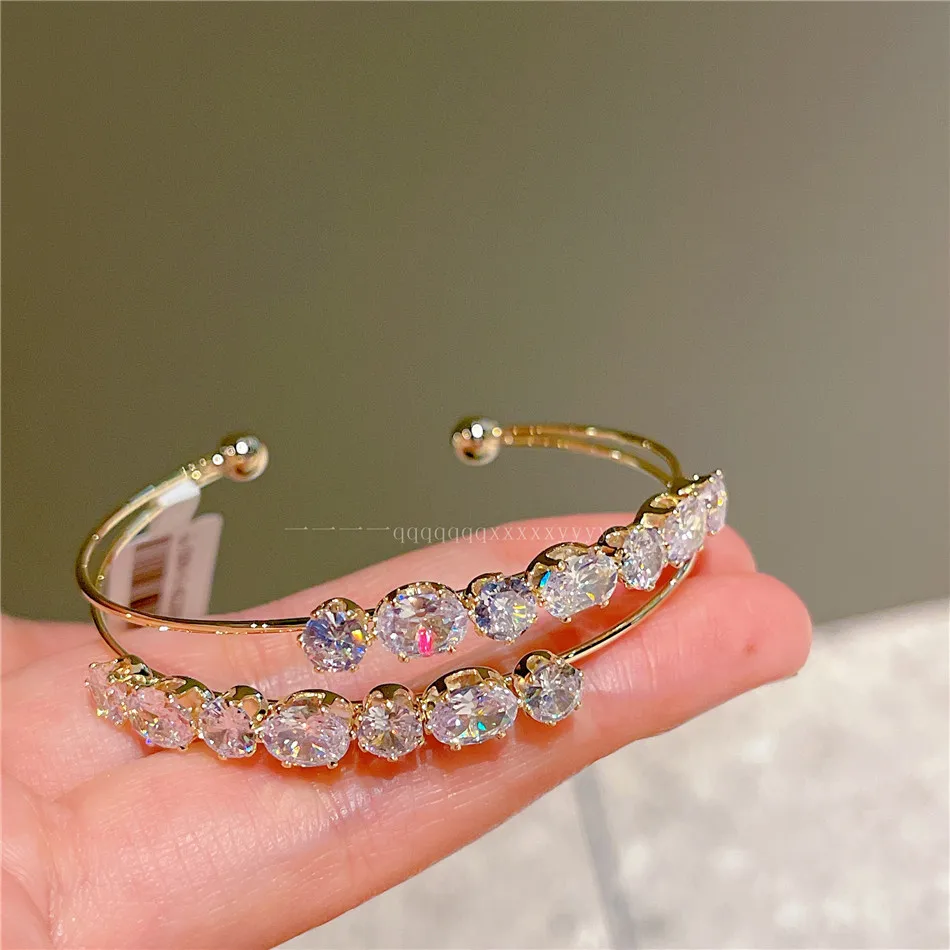 

Браслеты-манжеты, сверкающие золотые двухслойные открытые браслеты для женщин, блестящие кубические цирконы, роскошные ювелирные изделия, аксессуары для вечеринок