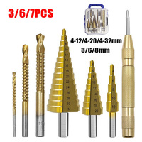 7Pcs Step Drill Bit Saw Drill Set,3 6 8mm Woodwork Metal Core Hole Opener,Center Punch Titanium Milling Cutter 4-12 4-20 4-32mm
