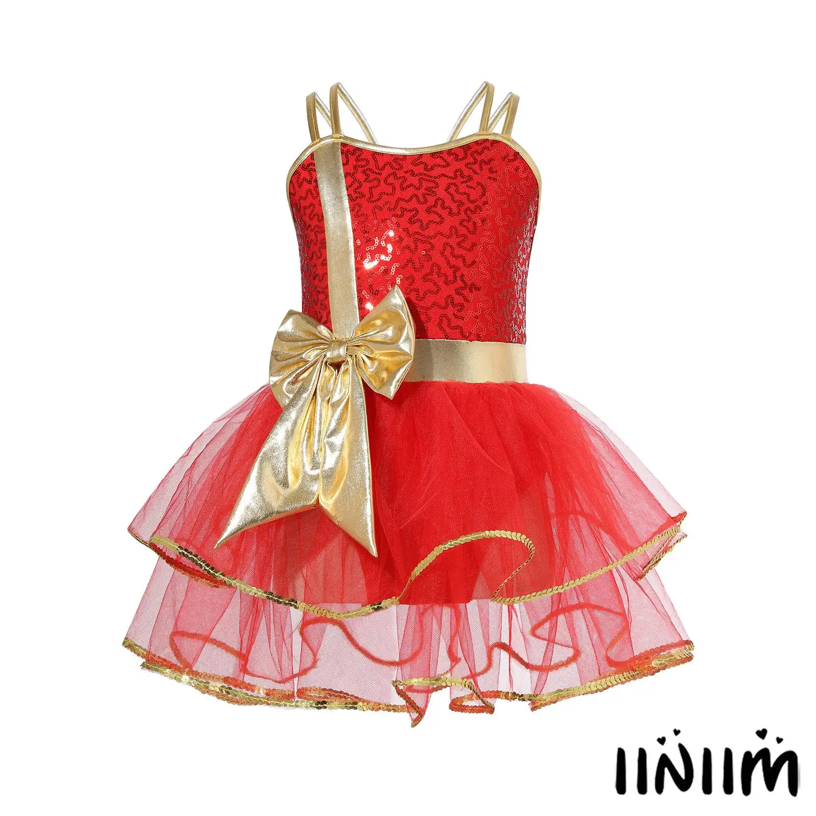 Kinderen meisjes all-over glanzende pailletten kerst aankleden jumpsuit asymmetrische schouder grote strik streep patchwork jurk kostuums