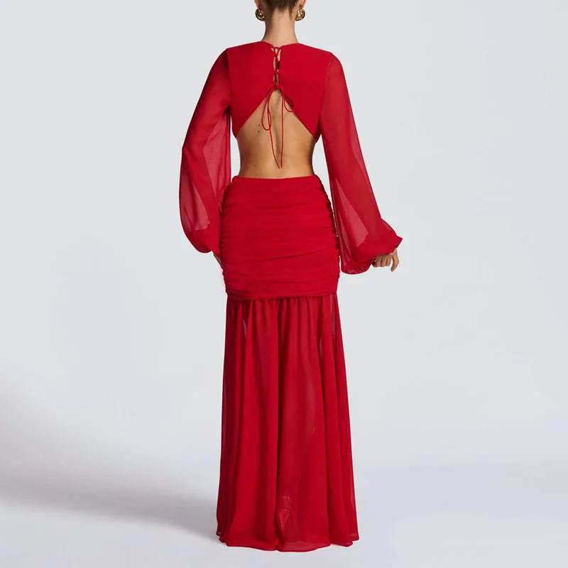 New Autumn Pleated Loose Backless Womans Dress Sexy Irregular Solid Deep V Neck Long Dress Elegant Long Sleeve Hollow Prom Dress