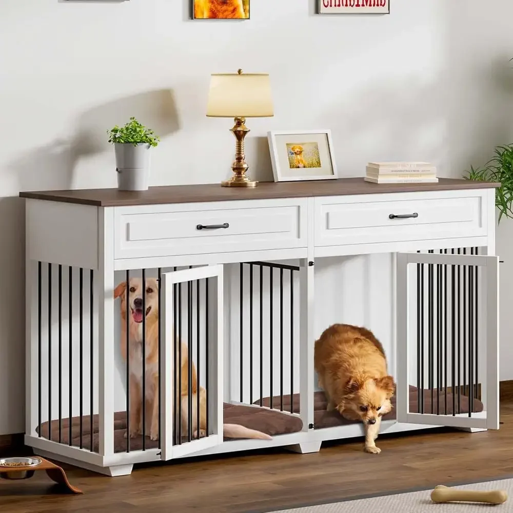 

73 Inch Double-Room Wooden Dog Crate, Removable Divider, Entertainment Center for Small to X-Large Dogs - White