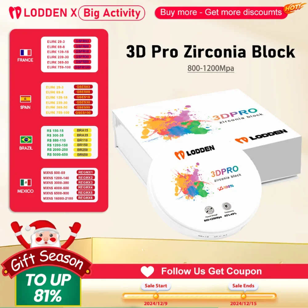 LODDEN Dental Lab Zirconia Block 3D PRO disco multistrato in Zirconia 98mm sistema aperto materiale dentista Vita 16 colori per CAD/CAM