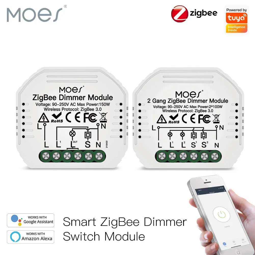 MOES Mini DIY Tuya ZigBee Smart 1/2 gang Light Dimmer Switch Module Hub Required Smart Life App Alexa Google Home Voice Control