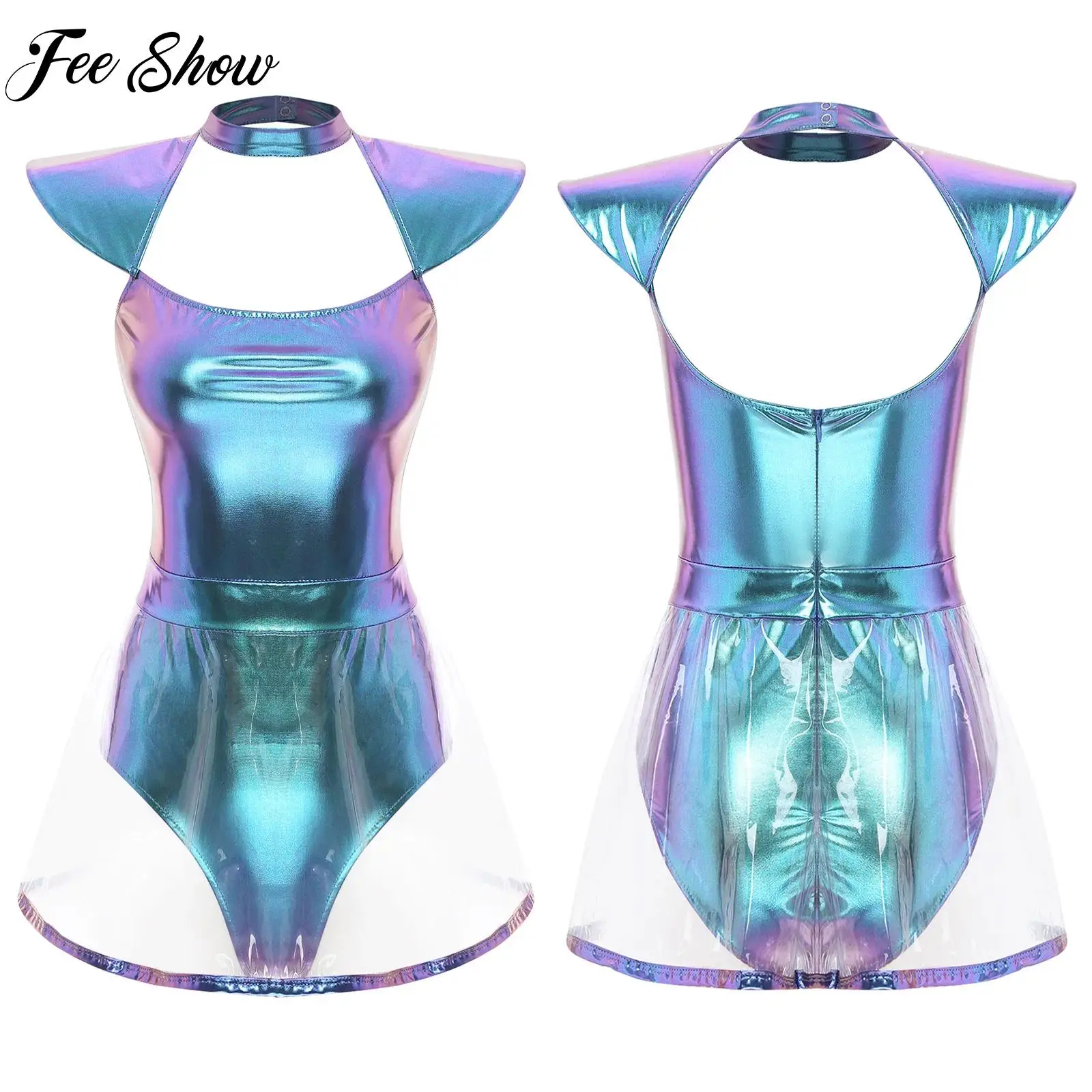 

Women Space Alien Halloween Cosplay Costume Leotard with PVC Skirts for Carnivals Fancy Dress Costume Party Clubwear Swimwear