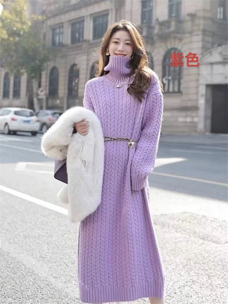 秋冬タートルネックツイストロングセーター女性韓国スタイル膝丈ルーズドレス女性カジュアルグレーニットプルオーバー新