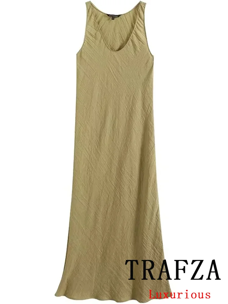 

TRAFZA Vintage Casual Chic Women Dress Solid V-Neck Sleeveless Straight Long Dress Fashion 2024 Autumn Holiday Sheath Dress