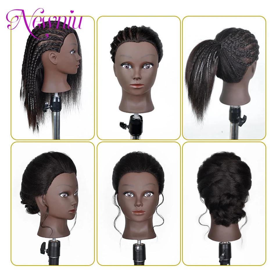 Afro Mannequin Heads With 100%Real Hair With Adjustable Tripod Hairdressing Dolls Training Head For Practice Styling Braiding