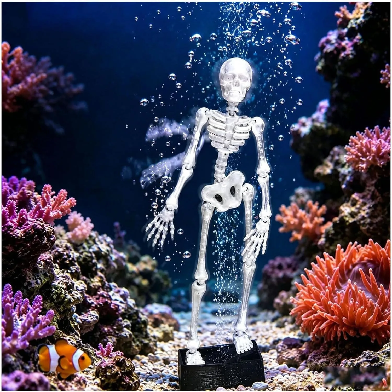 3D Printed Dancing Skeleton Aquarium Bubbler Plastic with Air Tube Fish Tank Halloween Dynamic Skeleton Fish Tank Ornament