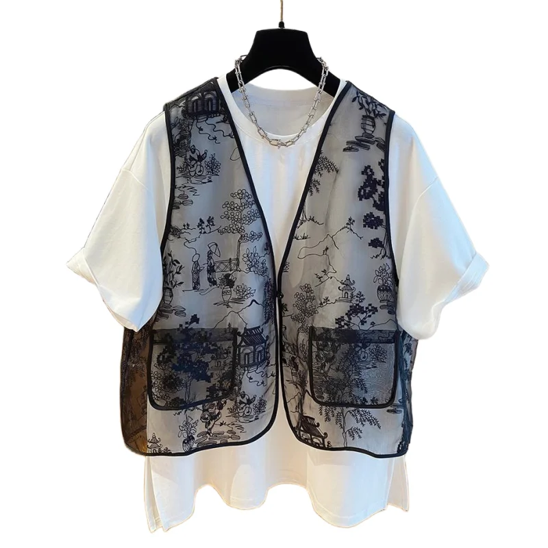 2024 New Fashion Fake Two Piece T Shirt Women Chic Design T-shirt Loose Casual Stitching Vest Short Sleeve T-shirt
