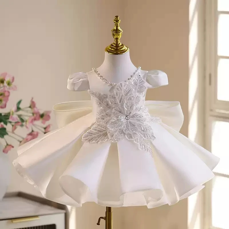KLFLGD White Wedding Dress Gorgeous Elegant Satin Dance High-End Dress Baby Birthday Party Dress New Children's Gown