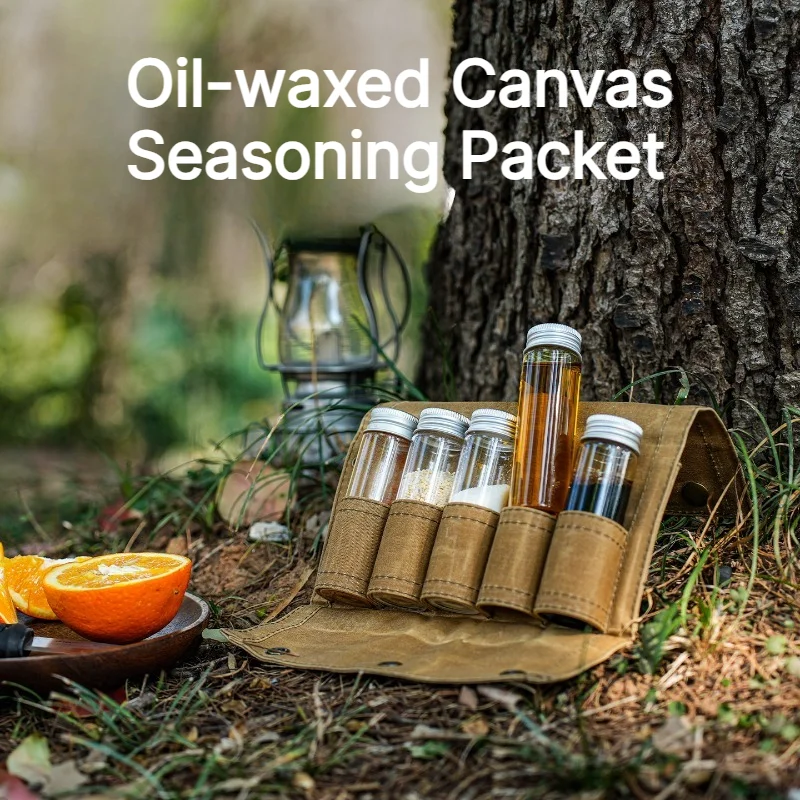 Portable Bushcraft Camping Spice Kit Waxed Canvas Seasoning Storage Bag 5Pcs 50ml Condiment Bottles for Outdoor Picnic Cooking