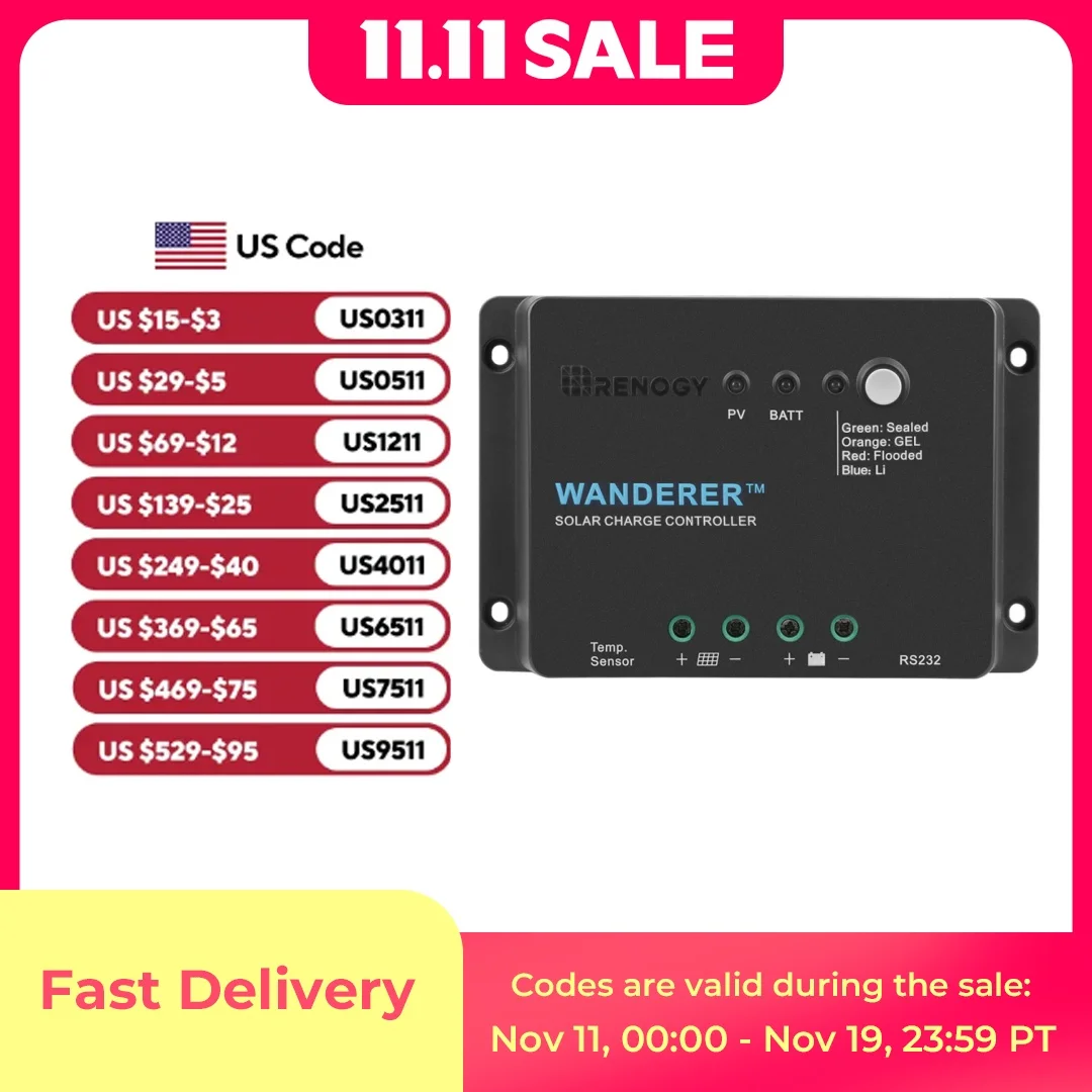 

Контроллер заряда солнечной батареи Renogy Wanderer Li 30A 12 В PWM, регулятор солнечной панели с функцией датчика температуры, подходит для освещения