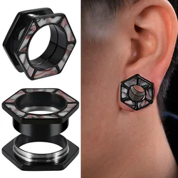 1PC Stainless Steel Red&White&Black Stone Ear Expanders Ear Gauges Hexagon Hollow Ear Plugs Tunnels Body Piercing Jewelry