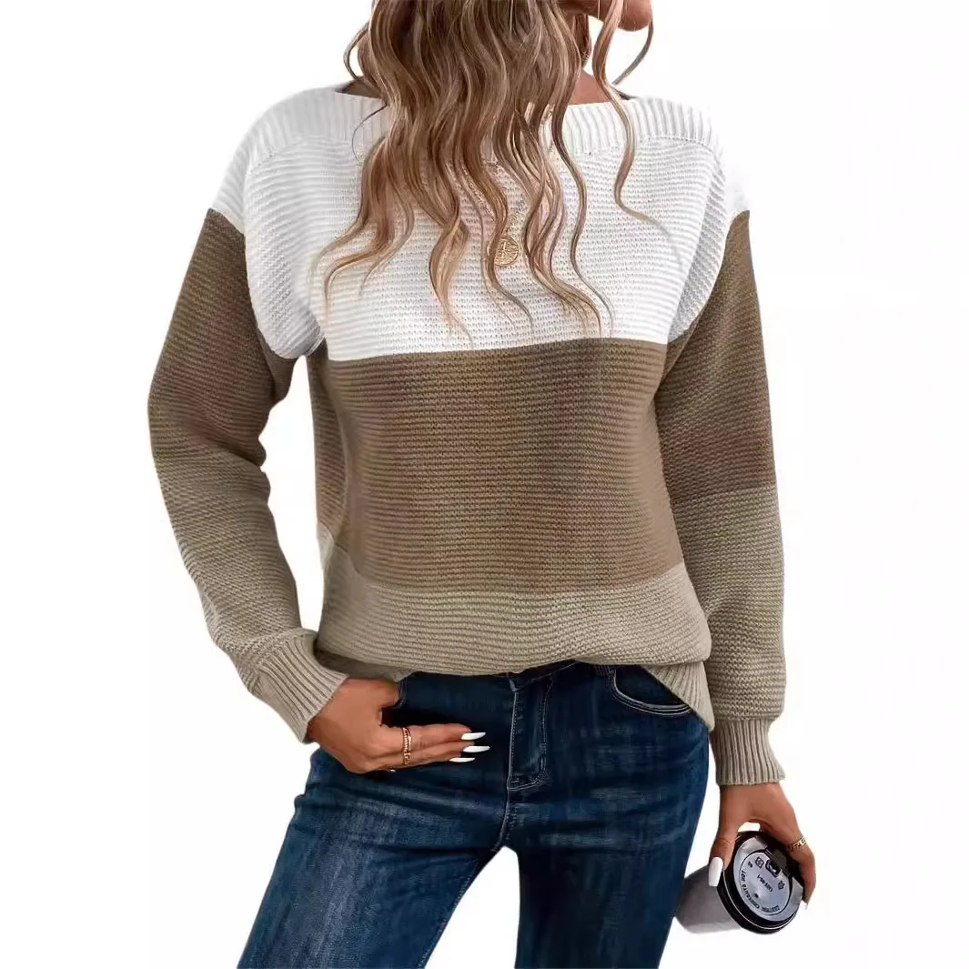 

2024 Autumn and Winter New Jacquard Knitted Sweater Women's Contrasting Color Splicing Round Neck Long-sleeved Pullover Women's