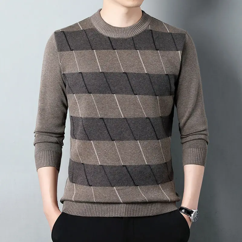 Autumn Winter Thickened Fleece Sweater Men Striped Fashion Versatile Casual Half High Collar Patchwork Long Sleeve Warm Knit Top