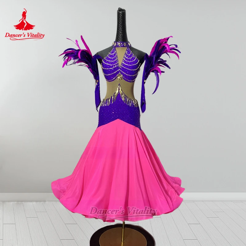 Standard Social Dance Purple+rose Color Mesh Splicing Dresses Luxury Custom Adult Waltz Feather Style Clothing Dancer's Vitality