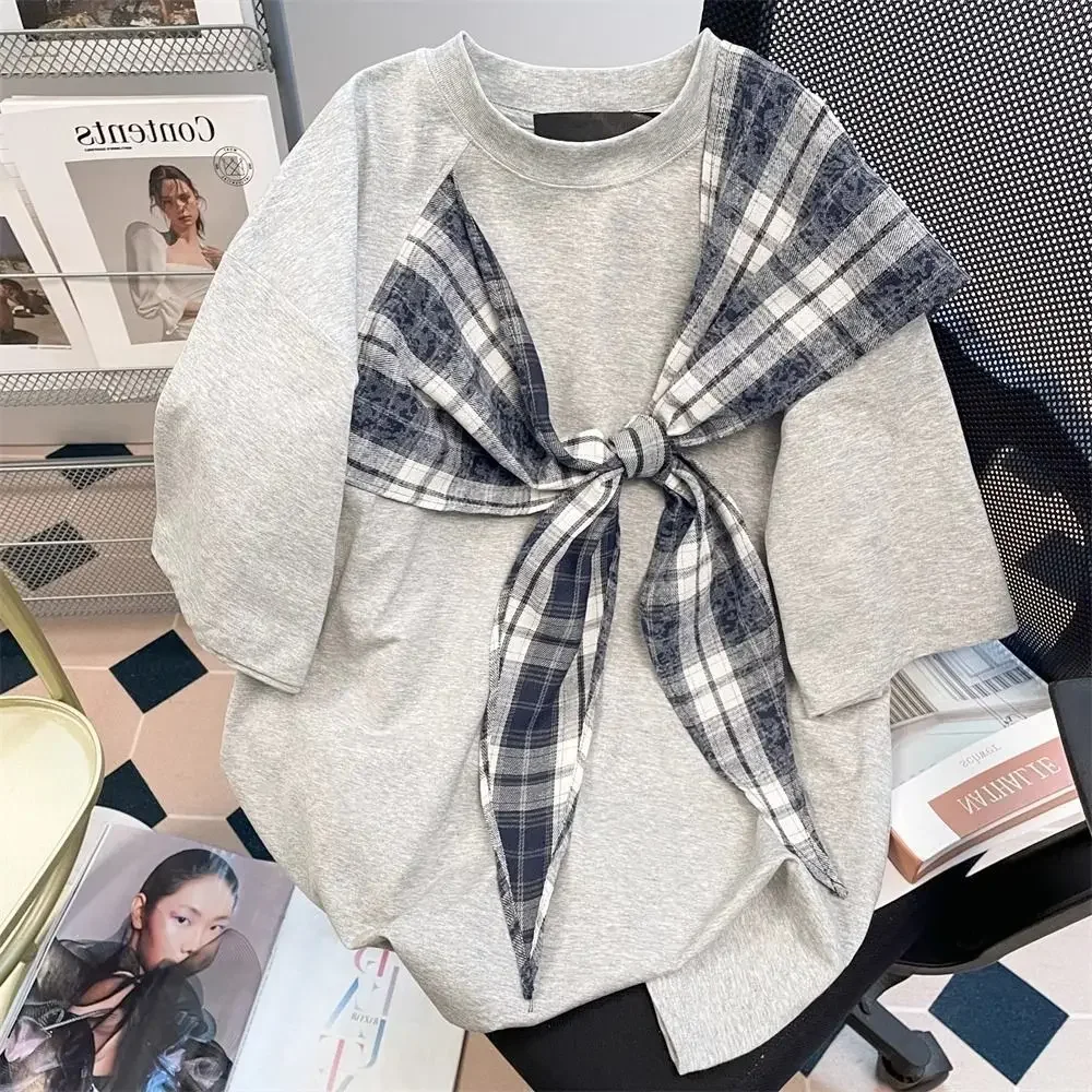 

Ruched Bows Plaid White Spliced Solid Tops Women Summer Short Sleeve O Neck Casual T Shirt Girl Loose Clothing Preppy Style