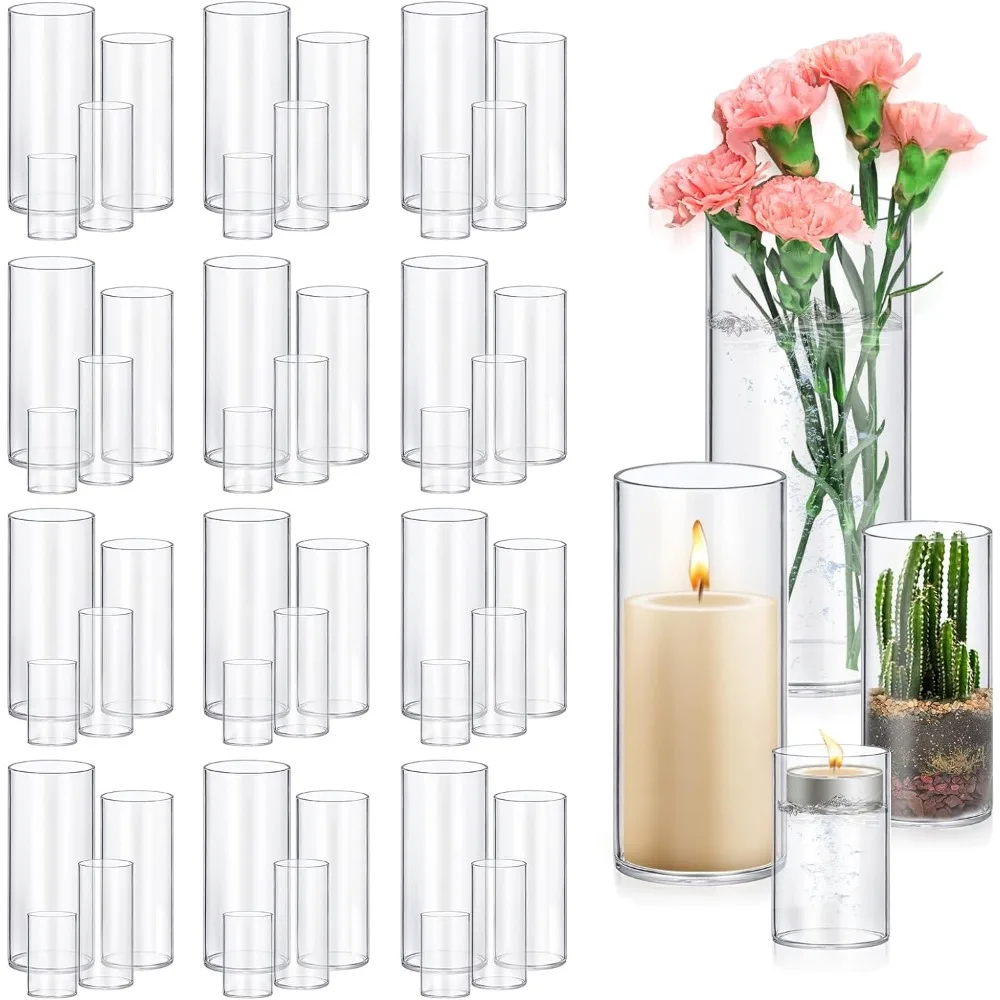 Glass Cylinder Vase for Table Centerpiece, Tall Clear Flower Vase, Hurricane Floating Candle Holder, 4,6,8,10 Inch, 48 Pack