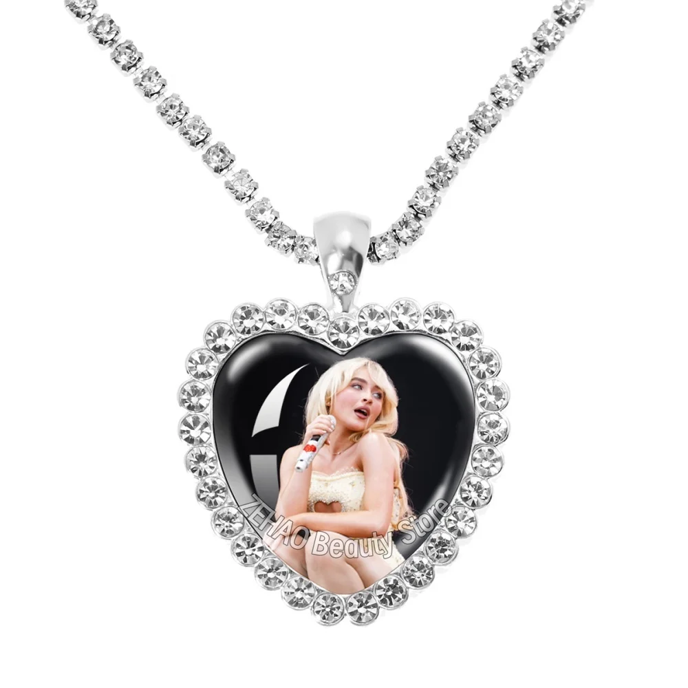 Singer Sabrina 25mm Heart Diamond Necklace Character Sabrina Carpenter Creative Ear Accessories Glass Pendant For Fans Gift