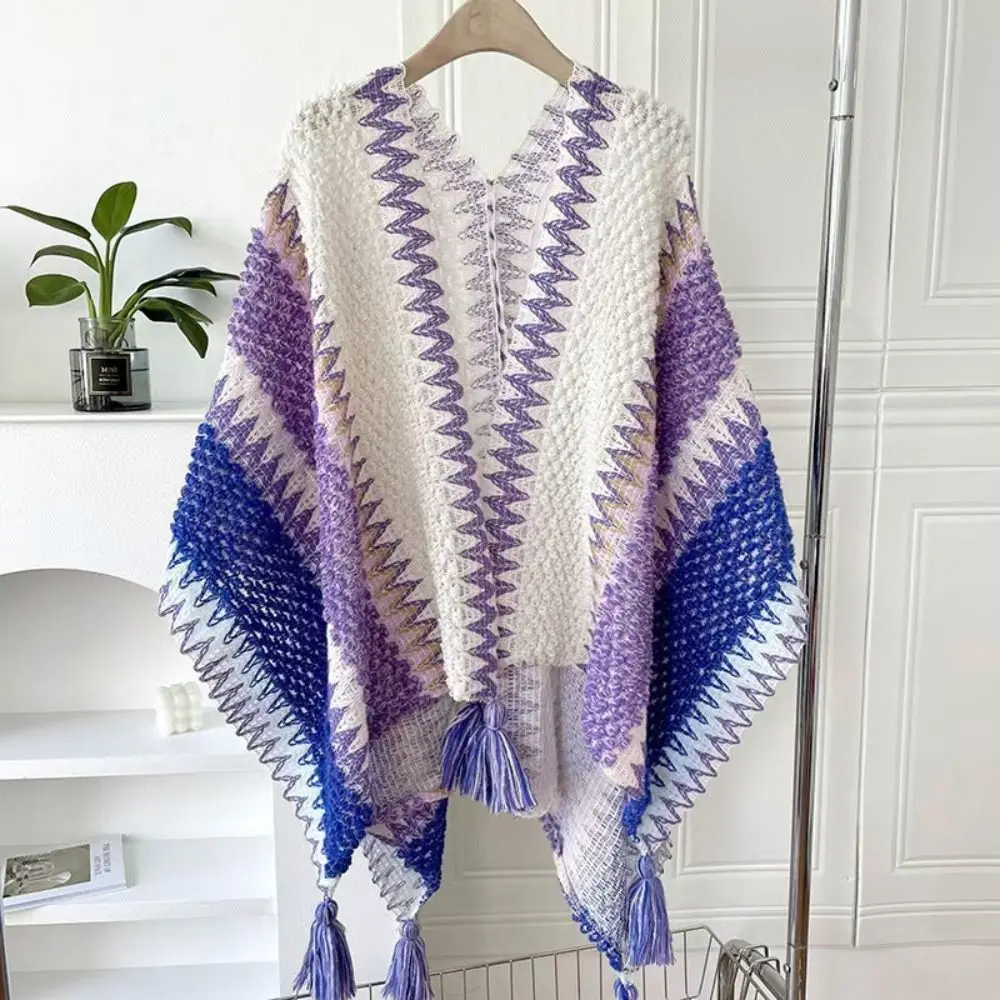 Bohemian Mongolian Poncho Winter Warm Striped Knitting Wraps Polyester Ethnic Style Cardigan Tassel Shawl Coat Overlays
