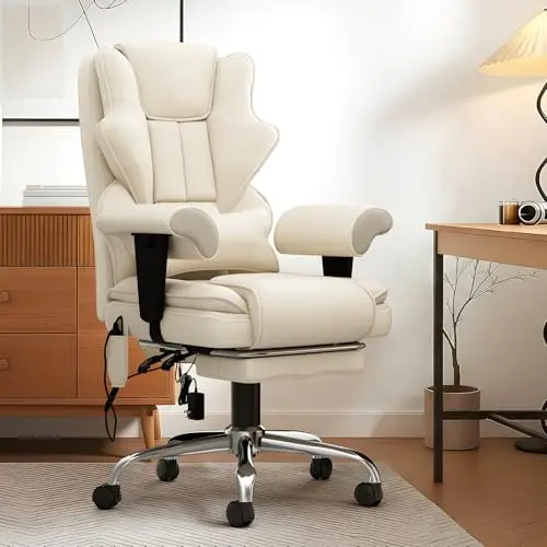7-Point Massage Heated Executive Office Chair with Footrest, Beige | Ergonomic design with adjustable armrest; ideal