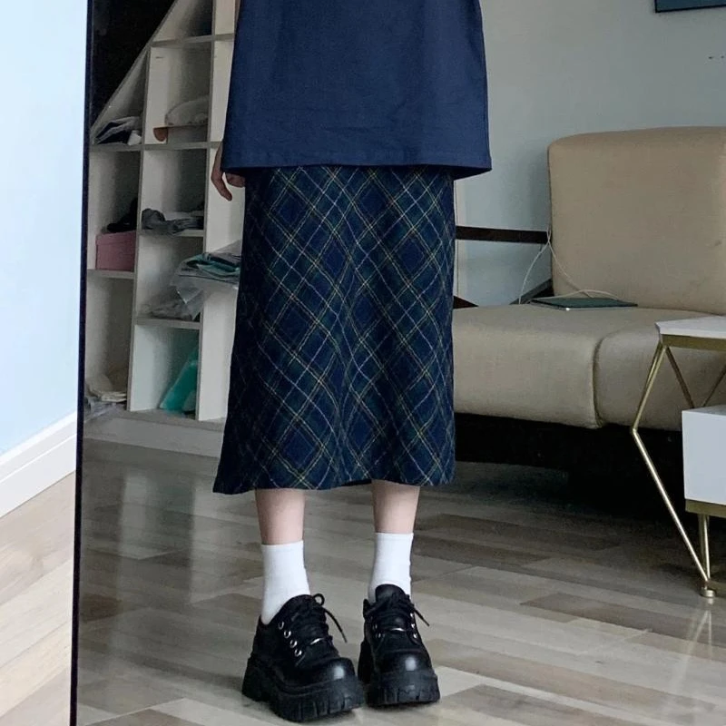 منقوشة ميدي التنانير النسائية عادية ألف خط شيك كل مباراة شارع العليا أنيقة خمر Mujer Jupe النمط الأوروبي الكلاسيكية مثير الملابس #1