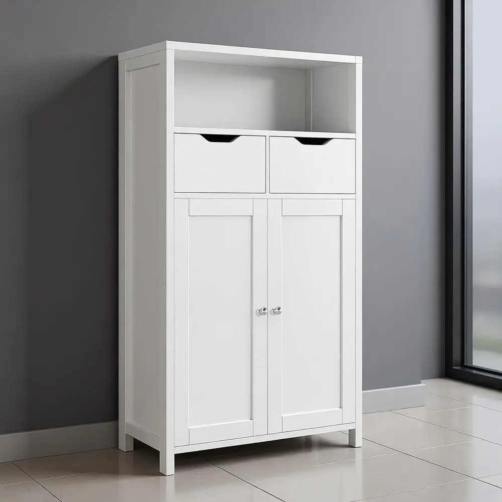 

White Freestanding Bathroom Kitchen Pantry Cabinet with Doors, Drawers, and Adjustable Shelves