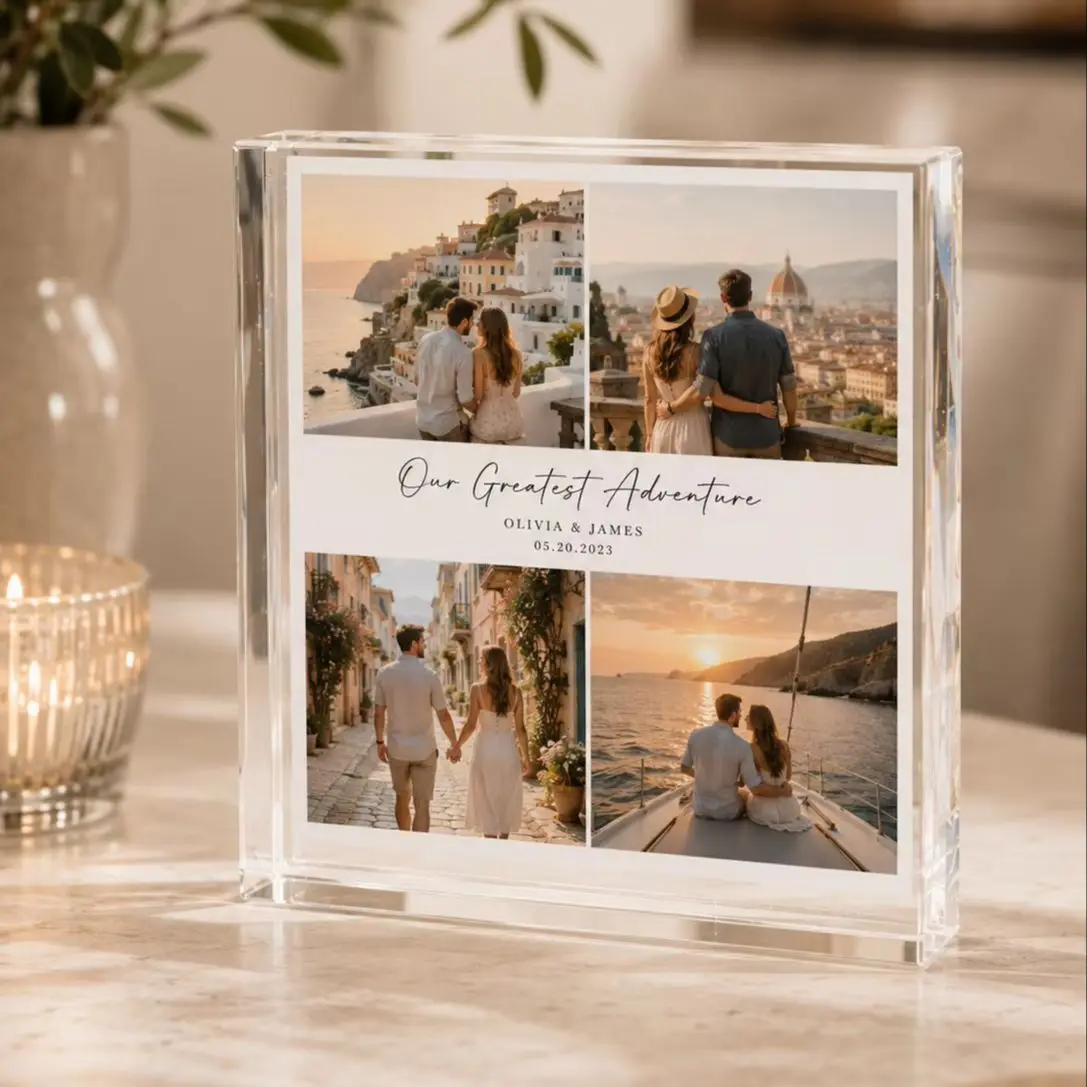 A Custom Acrylic Desktop Decoration with Personalized Photo Options, Including Artistic Images, Couple Portraits, and Family Pho