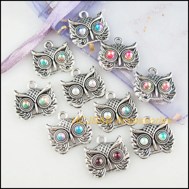 10 New Animal Charms Mixed Acrylic Owl Birds Pendants Tibetan Silver Tone 16.5x17.5mm