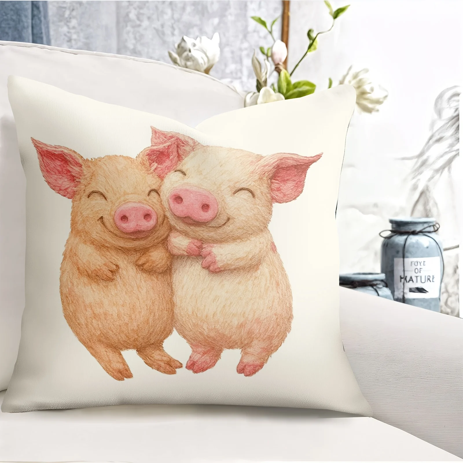 Cute Hugging Pigs Pillow Cover 18x18 Inch Polyester Zipper Machine Washable Farmhouse Decor for Sofa Bed Valentine Christmas