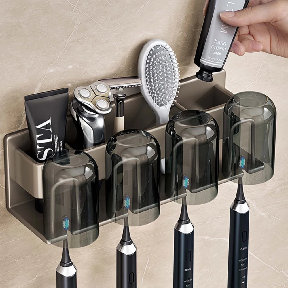 Toothbrush Holder Wall Mounted, Space Aluminum Toothbrush Organizer Slots ,Bathroom Storage Rack Bathroom Accessories